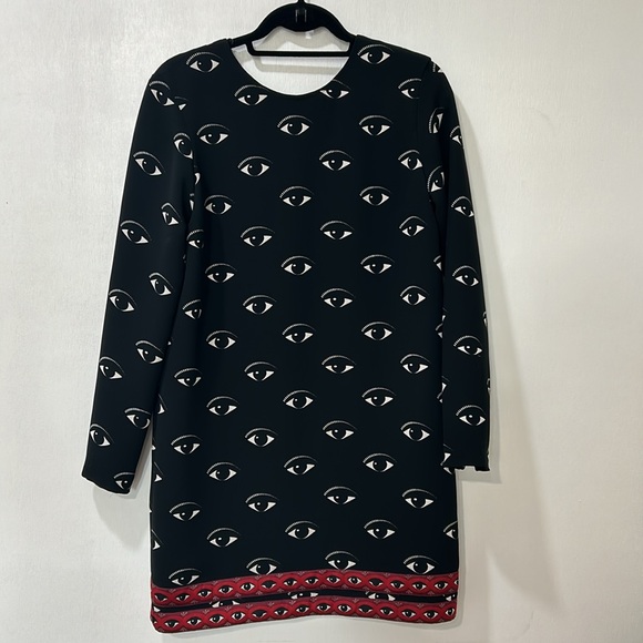 KENZO PARIS WOMENS MIDI DRESS EYE PATTERNS BLACK RED LONG SLEEVE Sz 40 - Picture 3 of 16